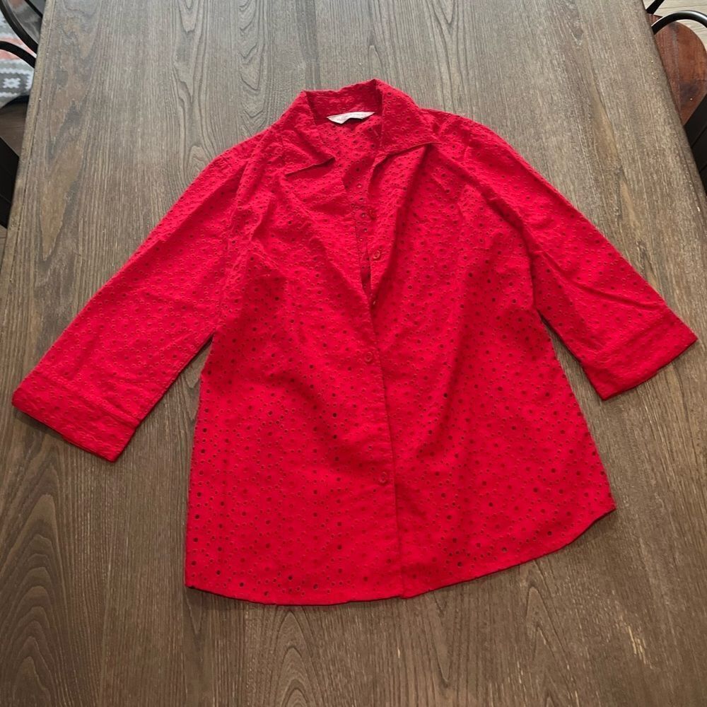Allison Daley Red Eyelet Long Sleeve Collared Button Front Blouse Size S